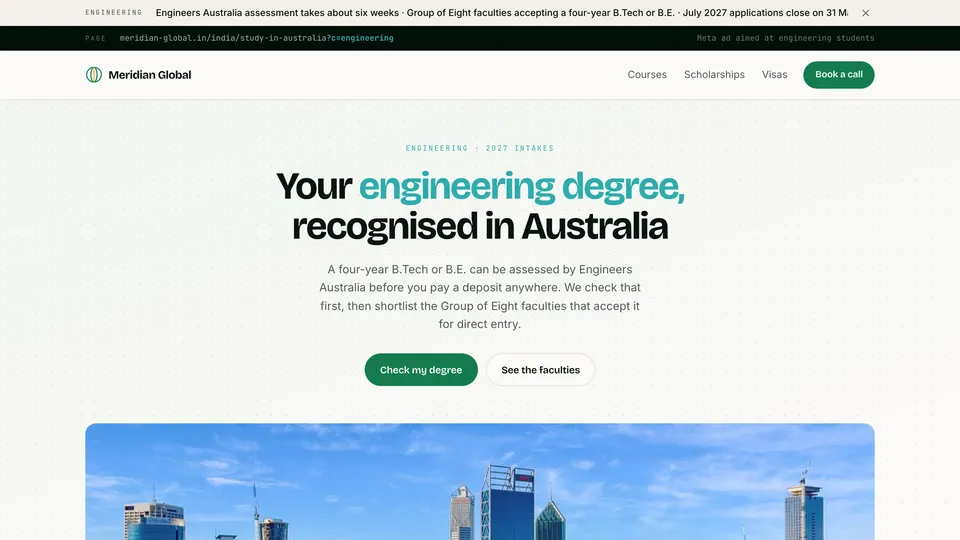 The Meridian Global landing page under the engineering campaign, showing the headline and hero that campaign sets.