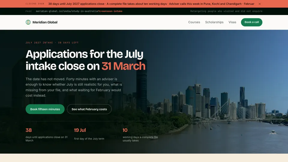 The Meridian Global landing page under the monsoon intake campaign, showing the headline and hero that campaign sets.
