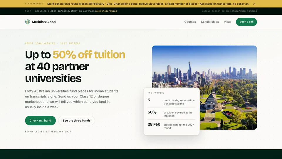 The Meridian Global landing page under the scholarships campaign, showing the headline and hero that campaign sets.