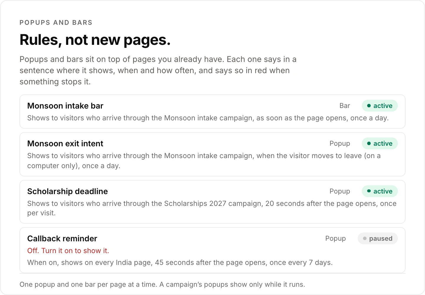 The popups and bars list in CampaignOS. Four of them, each with its type, its status and a sentence saying where it shows, when and how often; the paused one says in red that it is off.
